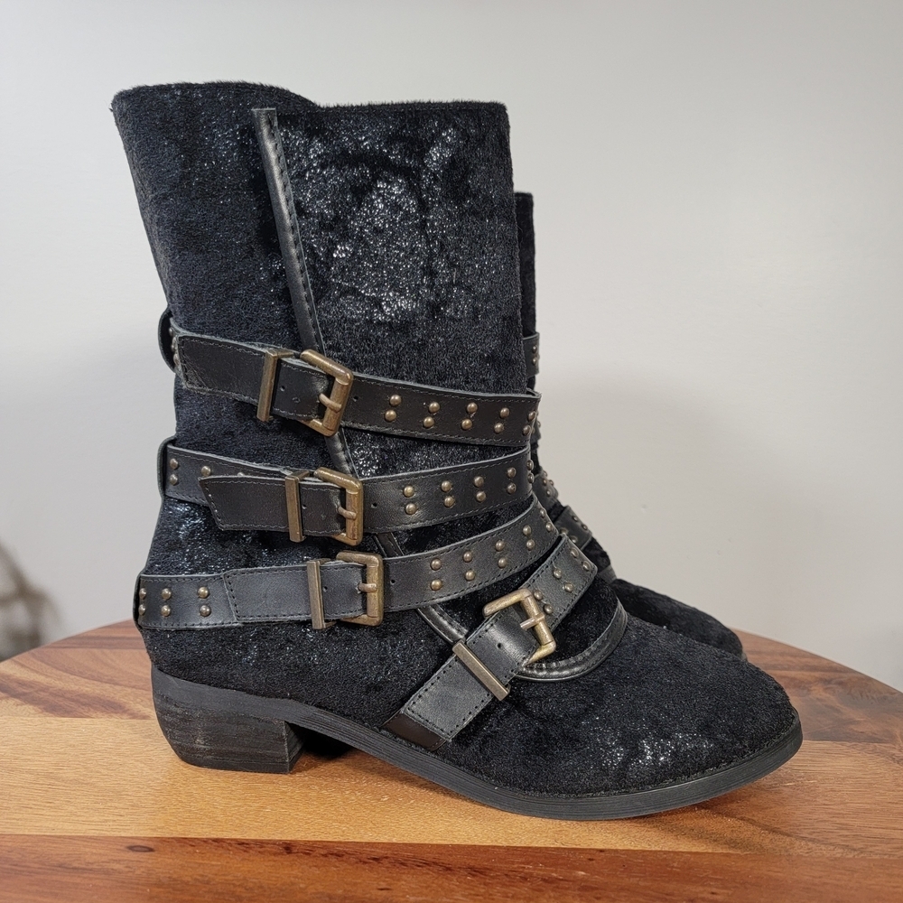 Joyfolie Edgy Black Buckle Combat Boots Faux Fur Size 7 - Picture 3 of 13